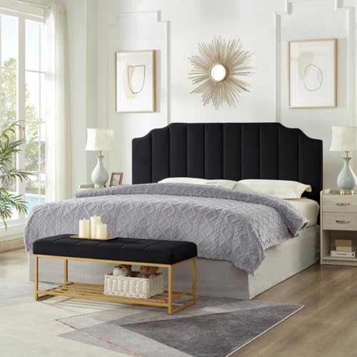 24KF Black Velvet Upholstered End of Bed Bench with Metal Shelf, Modern Tufted Channel Entryway Bench Footboard Bench for Living Room, Bedroom, Gold Bench,5036-Black