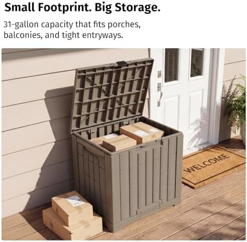 EAST OAK Outdoor Storage Box, 31 Gallon Deck Box, Waterproof Resin Storage Bin for Patio Cushions, Gardening Tools, Accessories, Lockable, UV Resistant, Brown