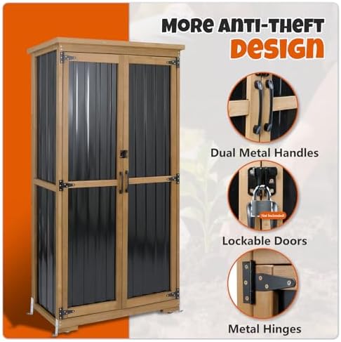 Outdoor Storage Cabinet with Shelves, Wood & Metal Storage Shed with Weatherproof Roof, Lockable Doors, Adjustable Feet, Outside Storage Cabinet for Garage, Patio (15.6" D x 32.3" W x 65.8" H)