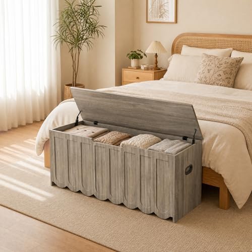 DHZ 47.2 Inch Wooden Storage Bench, Storage Chest with Cushion Seat, 4 Swivel Wheels and 2 Safety Hinges, Entryway Storage Bench for Living Room, Bedroom