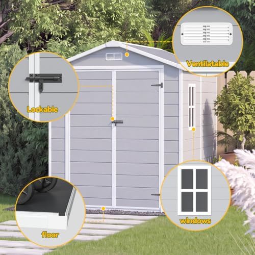 Aoxun 6x8 FT Outdoor Storage Shed, Outdoor Resin Shed with Floor, Gray