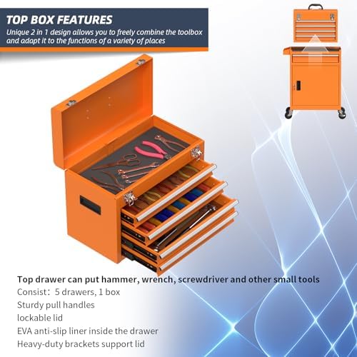 5-Drawer High Capacity Rolling Tool Chest, Removable Cabinet Storage Tool Box with Wheels and Drawers, Detachable Toolbox with Lock for Mechanics Garage Workshop and Tool Room (Orange)