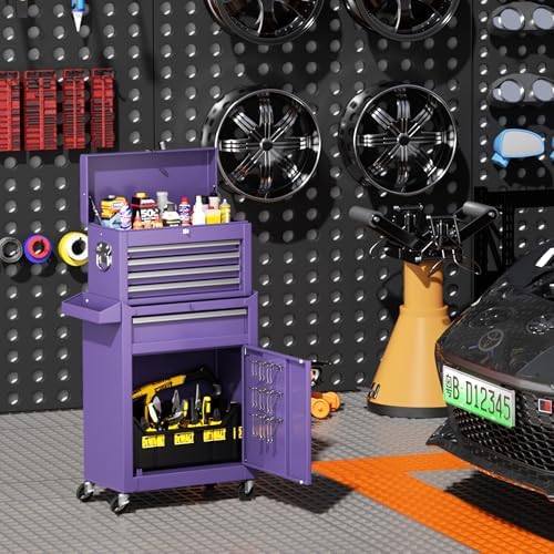 5-Drawer Rolling Tool Chest - Heavy-Duty Steel Tool Cabinet with Detachable Top Box, Locking Wheels & Security System for Garage/Workshop, 2-in-1 Design (Purple)