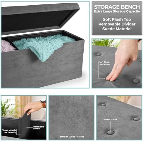 Sorbus Collapsible Storage Ottoman Bench (Grey, Large (15” x 43” x 15”))