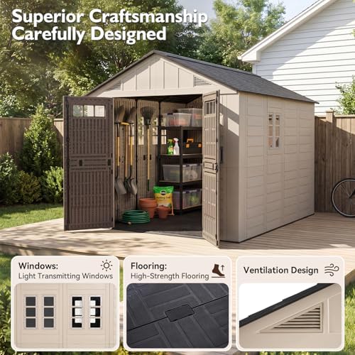 LazySunsets 8x10 Ft Outdoor Storage Shed with Light, Large Resin Outdoor Shed with Floor Included, 3 Windows & Lockable Door, Garden Plastic Storage Sheds for Bike, Lawn Tools, Garbage Can