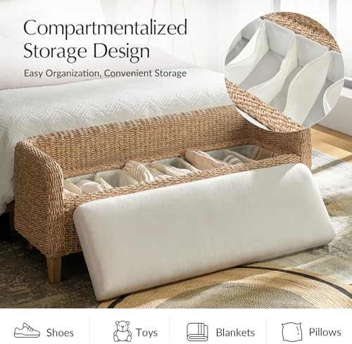 HULALA HOME 57" Rattan Storage Bench, Boho Wicker Bedroom Bench, Natural