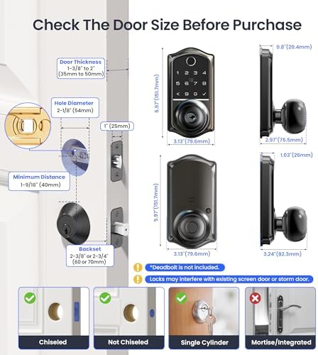 Veise VE018 Fingerprint Keypad Smart Door Knob Handle Lock, Matte Black