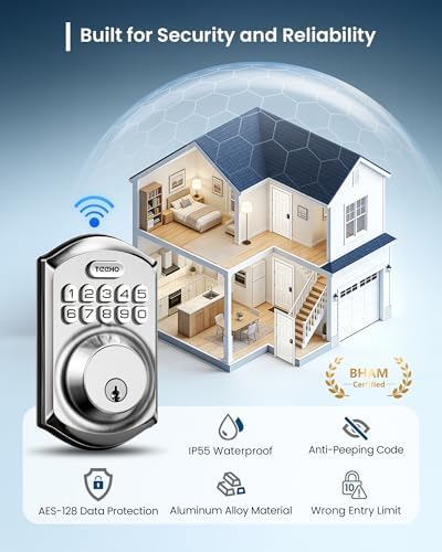 TEEHO TE011W WiFi Keypad Deadbolt, Smart Locks for Front Door, Satin Nickel