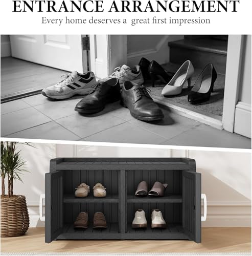 Outdoor Shoe Storage Bench with 2 Doors, Waterproof UV-Resistant Resin Cabinet, Entryway Organizer for Porch, Hallway, Black