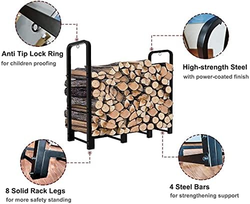 Firewood Rack Stand 4ft Heavy Duty Logs Holder for Outdoor Indoor Fireplace Metal Wood Pile Storage Stacker Organizer, Matte Black