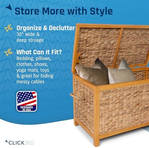 Click365 Wilson Wicker Storage Trunk with Lid, 30 Inch Handwoven Water Hyacinth Storage Chest with Acacia Wood Frame, Farmhouse Blanket Basket for Living Room, Bedroom or Entryway, Natural Brown