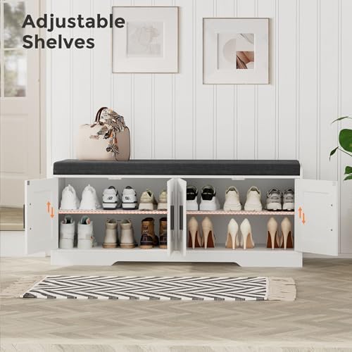 Homleke Shoe Storage Bench, 4 Doors & Thickened Padded Seat Cushion