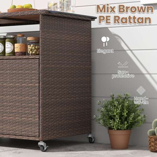 Tangkula Rattan Outdoor Storage Cabinet with 4 Wheels (Mix Gray)