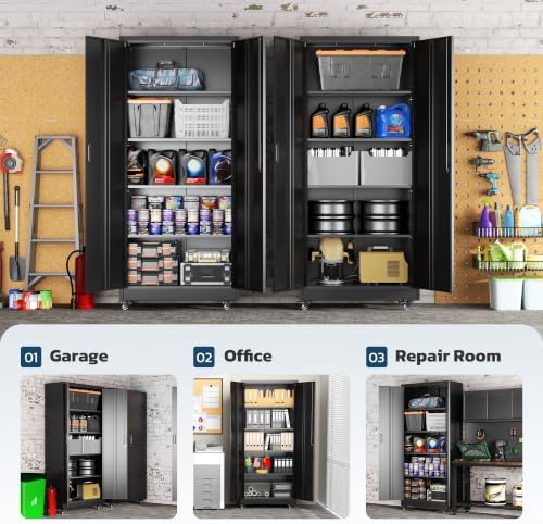 Greenvelly Metal Storage Cabinet with 4 Swivel Wheels,73" H Black Garage Storage Cabinet with Wheels, Rolling Tool Cabinet with Locking Doors and Shelves for Home,Basement, Kitchen Pantry,Warehouse