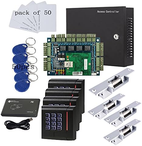 MENGQI-CONTROL RFID Keypad Access Control System Card or PIN Code Open 4 Doors Strike Lock Smart TCPIP Control Board Keypad Door Access 110-240V Power Supply Box