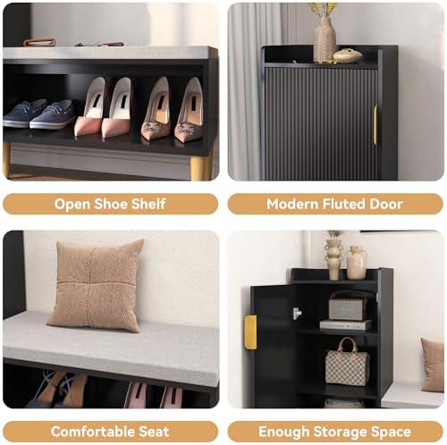 Storage Bench with Fluted Door&Shelf, L-Shaped Entryway Bench