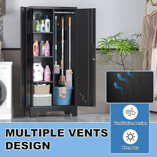 61" Metal Storage Cabinet with Lockable Door&Pegboard,Broom Closet Cabinet