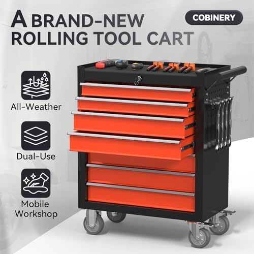 7-Drawer Rolling Tool Chest with Wheels, Metal Tool Storage Cabinet with Lock&Keys and Swivel, Toolbox with Drawers, Tool Box for Warehouse,Garage, Repair Shop, Workshop (Blackred, 7-Drawer)