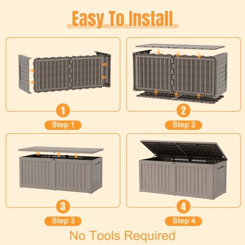 Outdoor Storage Box, 370 Gallon Waterproof Resin Deck Box with Support Rod