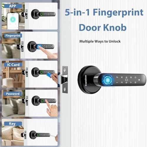 Fingerprint Door Lock Biometric Door Knob with Keypad Keyless Entry, 5-in-1 Door Locks for Bedrooms(Fingerprint/App/Code/Key/IC Card), Home Hotel Office Apartment Black