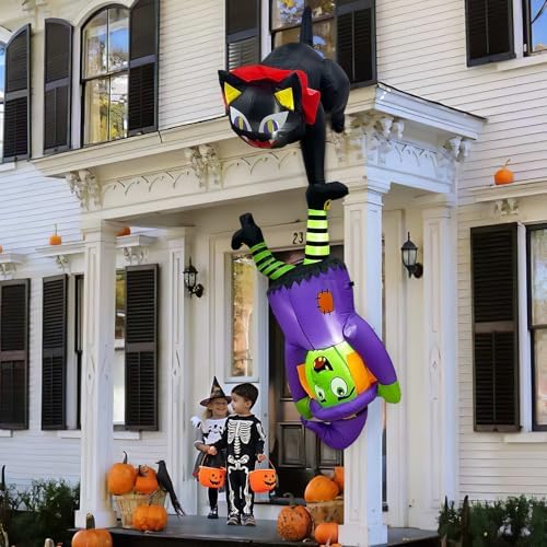 8 FT Hanging Halloween Inflatables Outdoor Decorations Black Cat and Witch