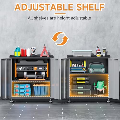 Metal Garage Storage Cabinet with Wheels, Adjustable Rolling Tool Storage Cabinet with Lock, 34" Steel Locking Tool Cabinet with Doors and Shelves for Garage, Warehouse (Black&Gray, 34.3" H)