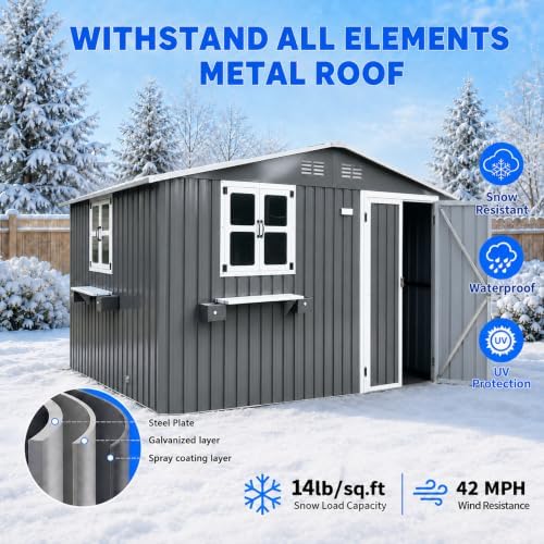 10x8 FT Outdoor Storage Shed with 2 Clear Windows, Metal Garden Shed with Flower Racks & Baskets, Outside Tool Shed with Lockable Double Doors, Waterproof Storage Building for Backyard, Gray