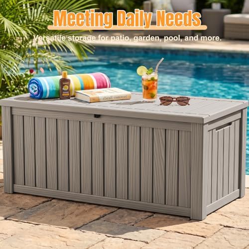 Outdoor Storage Box, 240 Gal Waterproof Resin Deck Box w/Support Rod