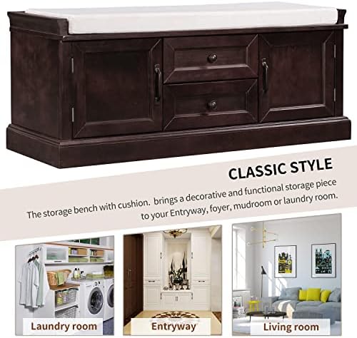 Knocbel 42.5" Storage Bench with Removable Cushion, 2 Drawers and 2 Cabinets, Entryway Hallway Foyer Shoe Bench Bedroom End of Bed Bench (Espresso)