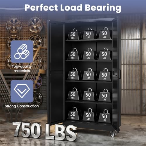 71"Metal Storage Cabinet with Wheels,Garage Cabinets,Pantry Cabinet