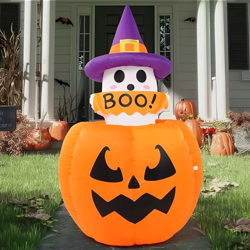 Joiedomi 5ft Tall Halloween Animated Inflatables Outdoor Decorations, Inflatable Ghost on Pumpkin with LEDs, Cute Blow Up Pumpkin Ghost Decor for Outside Yard Outdoor Lawn Garden Party Decoration