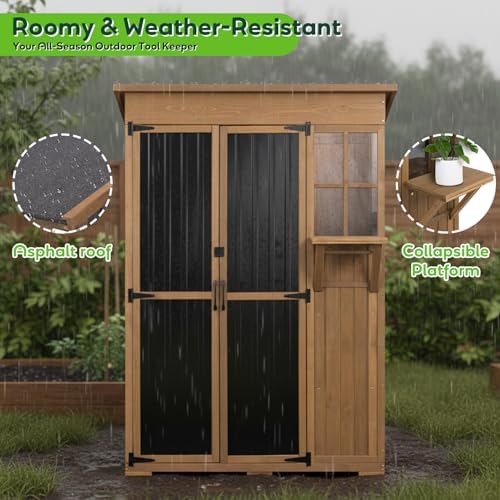 Large Outdoor Storage Cabinet Waterproof with Shelves, Outside Storage Shed Tall Backyard Cabinet with Fold-Out Table for Patio, Garage, Garden, Pool Accessories Storage, Black, 70.5" H x 51" L
