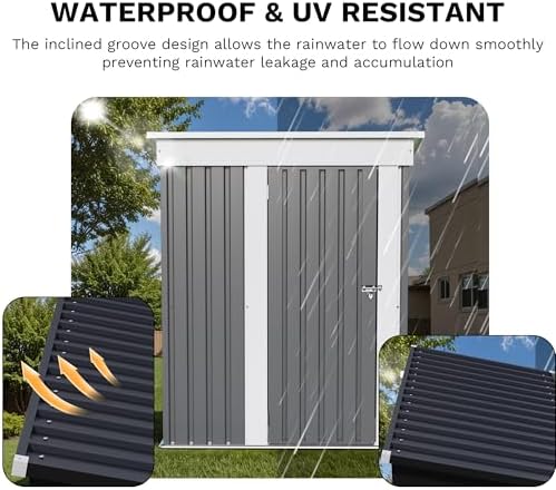 JUMMICO Metal Outdoor Storage Shed 5 x 3 FT Metal Shed with Lockable Door,Waterproof Garden Tool Shed Storage House for Backyard Patio Lawn,Grey