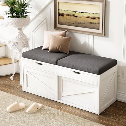 iPormis Shoe Storage Bench,40" Wide 2-Tier Shoe Bench with Padded Seat Cushion and Lift Top Storage,Entryway Bench with Adjustable Shelf,Wooden End of Bed Bench,White