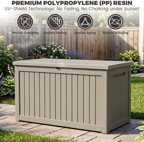 Outdoor Storage Box, 270 Gallon Waterproof Deck Box [Upgraded 3.1], Giant Resin Storage for Large Cushions, Heavy Duty Outside Lockable Bench Seat, Large Backyard Party, Grey