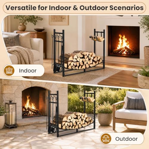 Goplus Firewood Rack Indoor, 36” Firewood Holder with 4- Piece Fireplace Tools-Shovel, Poker, Tongs, Brush, Kindling Holders, Heavy Duty Indoor Log Storage Rack, Outdoor Wood Rack for Fire Pit, Stove