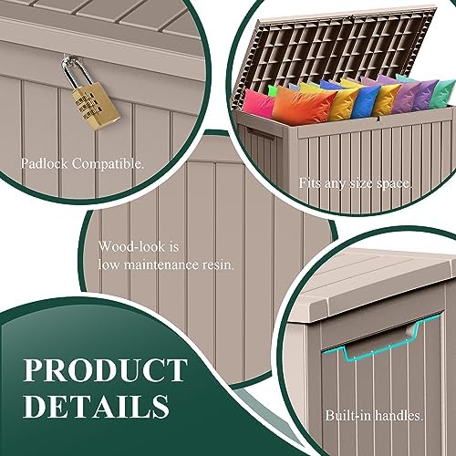 Outdoor Waterproof Resin Storage Deck Box Lockable Outside Bench UV Resistant Bin Patio Porch Furniture Pool Float Garden Tool Cushion (Grey, 280 Gallon)