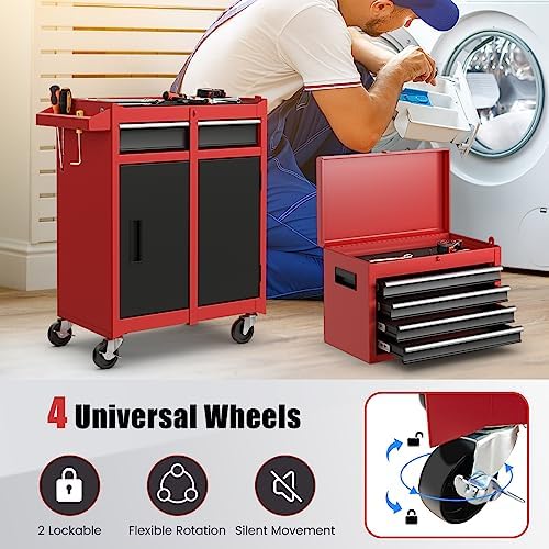 TANGZON Rolling Tool Chest Combo, Heavy Duty Lockable Tool Cabinet with Wheels, 5 Drawers, Adjustable Shelf, Hooks & Side Handle, 2-In-1 Detachable Tool Cart Trolley for Workshop Garage (Black+Red)