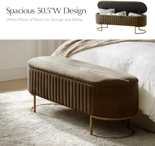 EcoHarbor Living 50.5" Bedroom Velvet Storage Bench,Upholstered End of Bed Bench with Gold Legs,Entryway Footrest Seat