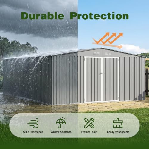 14 x 12 FT Outdoor Storage Shed, Heavy-Duty Galvanized Steel Tool Shed with Reinforced Frame, 2Magnetic Light, Lockable Double Door & Side Vents for Backyard Large Equipment, Gray