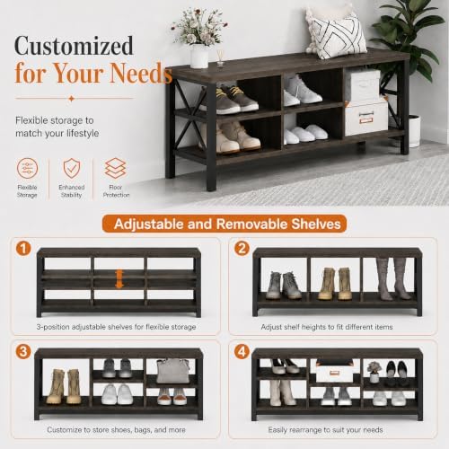 FATORRI Industrial Shoe Bench with Storage, Rustic Entryway Bench
