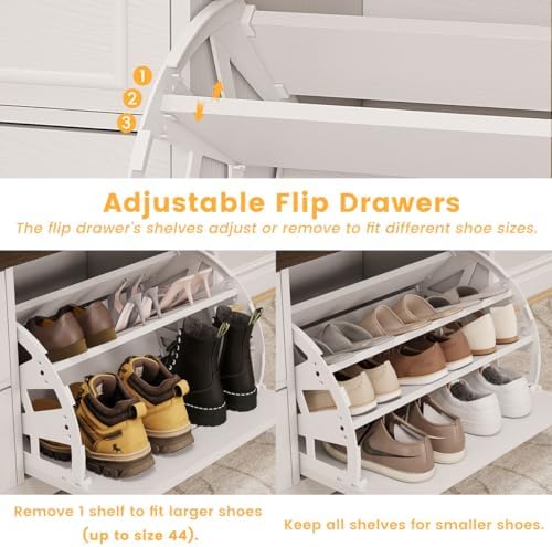 FATORRI Shoe Storage Bench with Flip Drawer, Wooden Entryway Bench, Modern Shoe Cabinet with Removable Drawers for Hallway, Living Room (Walnut Brown & White Oak)
