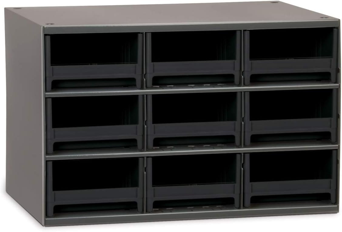 Akro-Mils 19909 Steel Parts Garage Storage Cabinet Organizer for Small Hardware, Nails, Screws, Bolts, Nuts, and More, 17-Inch W x 11-Inch D x 11-Inch H, 9-Drawer, Gray Cabinet/Black Drawers