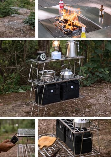 CAMPINGMOON Foldable Mesh Camping Rack Stackable Camp Storage Shelf Fire Pit Side Table Portable Outdoor Organizer Stainless Steel T-225A