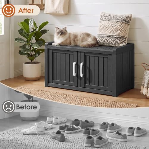 2-Tier Storage Bench, Waterproof UV-Resistant Outdoor Shoe Storage Cabinet with 2 Doors & Adjustable Shelves for Indoor Outdoor Entryway, Hallway, Living Room (Black)