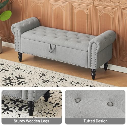 Furniliving 51” Bedroom Bench, End of Bed Bench with Button-Tufted Large Upholstered Storage Bench Ottoman Linen Window Benches with Storage Shoe Cabinet, for Bedroom, Entryway, Closet, Grey