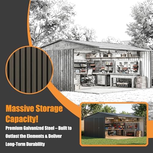 PABIMIA14X12 FT Outdoor Metal Storage Shed, Waterproof Storage Shed with Lockable Doors for Tools, Equipment, Ideal for Backyard Garden Patio Lawn