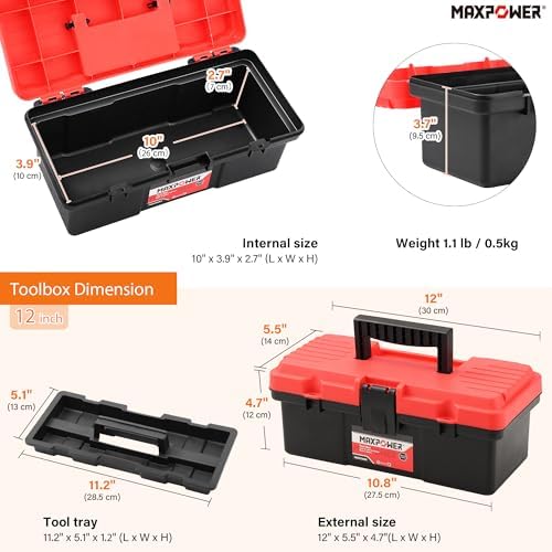 MAXPOWER 2-Pc Plastic Tool Box, 12" Small & 17" Portable Toolbox, Lockable
