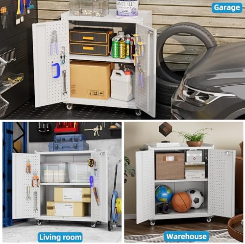 Reemoon Steel Garage Storage Cabinet with Wheels and 2 Lockable Doors, Metal Storage Cabinet with Pegboard and Hooks for Garage,Home,Warehouse,Assembly Required,White,13.8" D x 26" W x 31.5" H