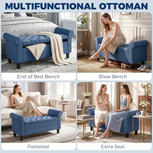 HOMCOM 47" Storage Ottoman End of Bed Bench with Rolled Arms Blue